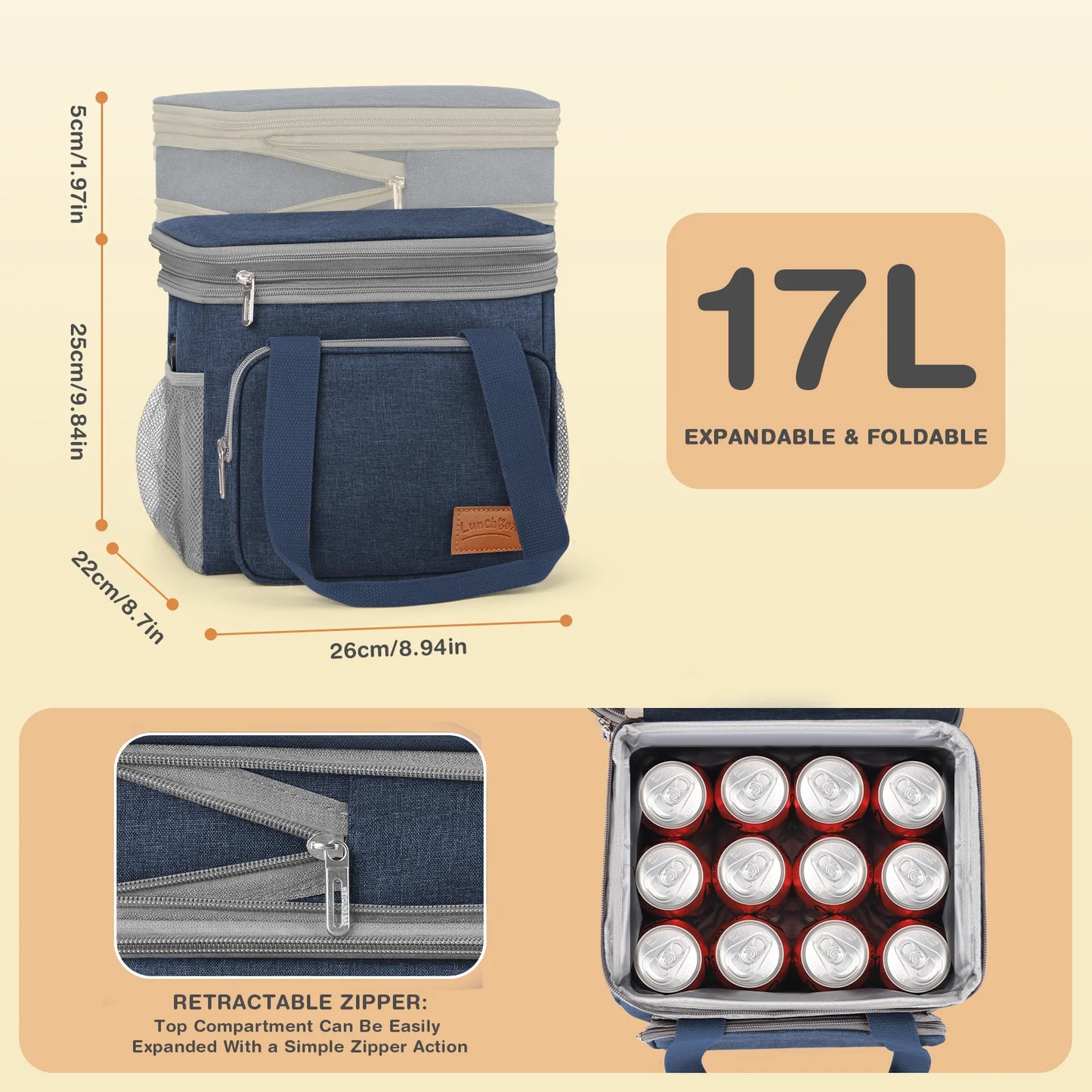 DAK01ILBB0008BU 17L Insulated Lunch Bag for Men/Women, Large Reusable Double Deck Lunch Box, Leakproof Cooler Bag for Work, Picnic & Beach, with Adjustable Shoulder Strap & Side Mesh Pocket(Blue)