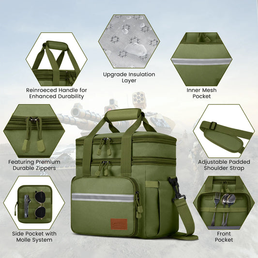 24L Insulated Lunch Bag, Expandable Double Deck Lunch Box for Men & Women, Leakproof Cooler Tote for Work, Picnic & Beach, with Adjustable Shoulder Strap & Side Pocket(Green)