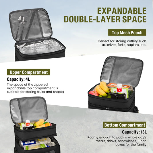 24L Insulated Lunch Bag, Expandable Double Deck Lunch Box for Men & Women, Leakproof Cooler Tote for Work, Picnic & Beach, with Adjustable Shoulder Strap & Side Pocket(Black)