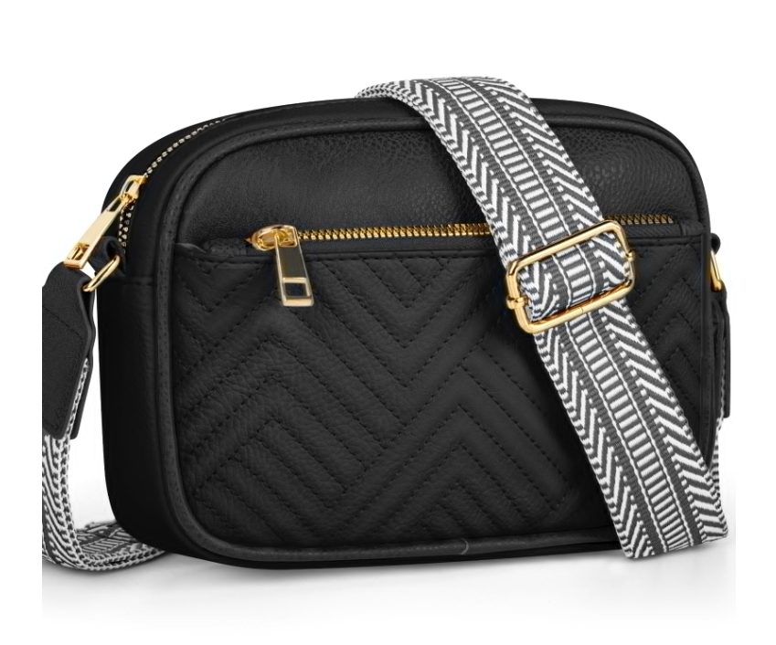 DAKOMM Crossbody Bags for Women, Quilted Crossbody Bags, Vegan Leather Purses Small Shoulder Handbags with Colorful Wide Strap, Trendy Design Shoulder Purse for Travel, Black