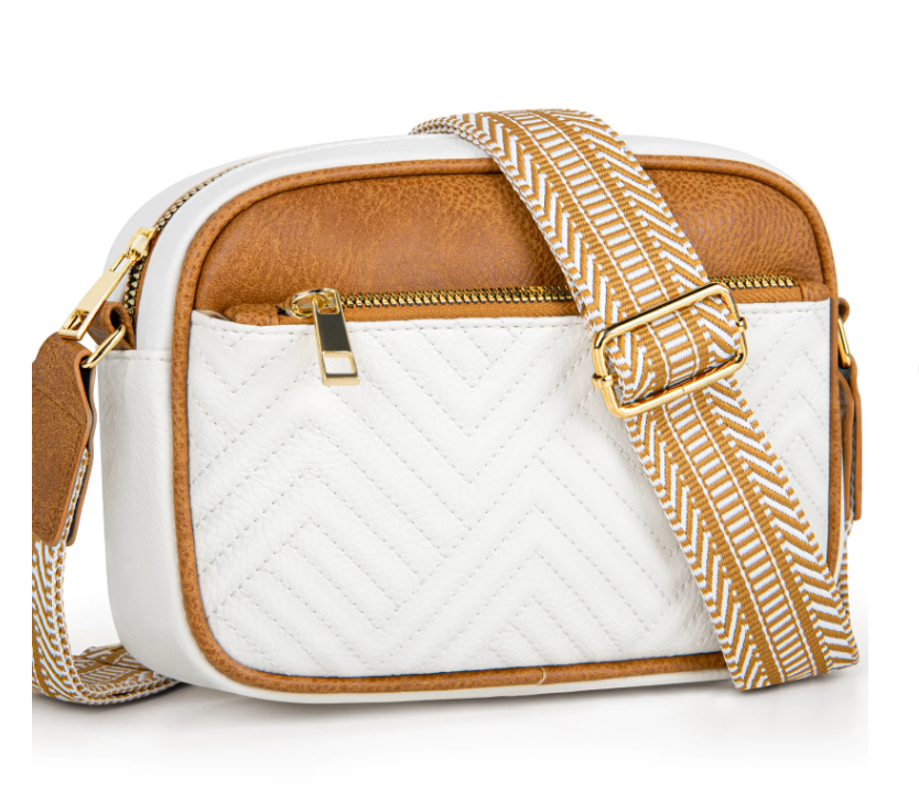 DAKOMM Crossbody Bags for Women, Quilted Crossbody Bags, Vegan Leather Purses Small Shoulder Handbags with Colorful Wide Strap, Trendy Design Shoulder Purse for Travel, Beige & Brown