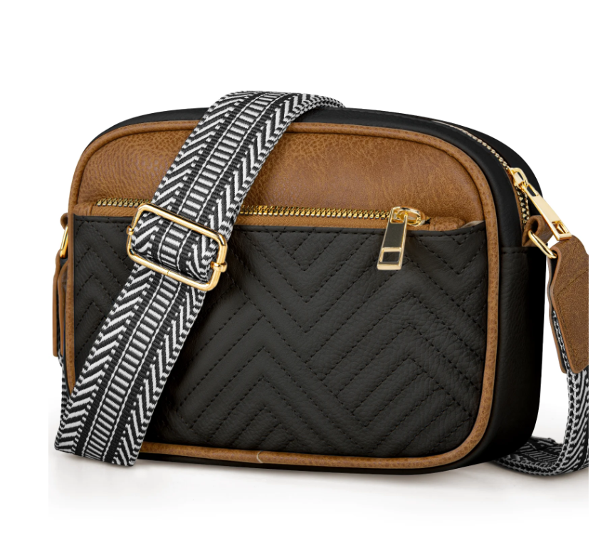 DAKOMM Crossbody Bags for Women, Quilted Crossbody Bags, Vegan Leather Purses Small Shoulder Handbags with Colorful Wide Strap, Trendy Design Shoulder Purse for Travel, Black & Brown