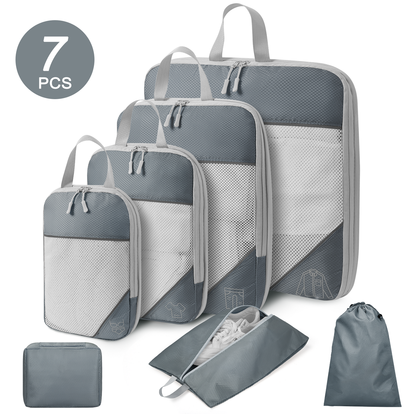 DAK03CPCS0000GY Compression Packing Cubes for Travel Essentials, 7 Set Travel Accessories Expandable Packing Organizers, Luggage Organizer for Travel Carry on Suitcases, Handy Helper for Organizing Clothes, Gray