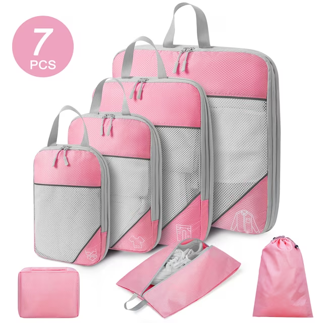 DAK03CPCS0000PK Compression Packing Cubes for Travel Essentials, 7 Set Travel Accessories Expandable Packing Organizers, Luggage Organizer for Travel Carry on Suitcases, Handy Helper for Organizing Clothes, Pink