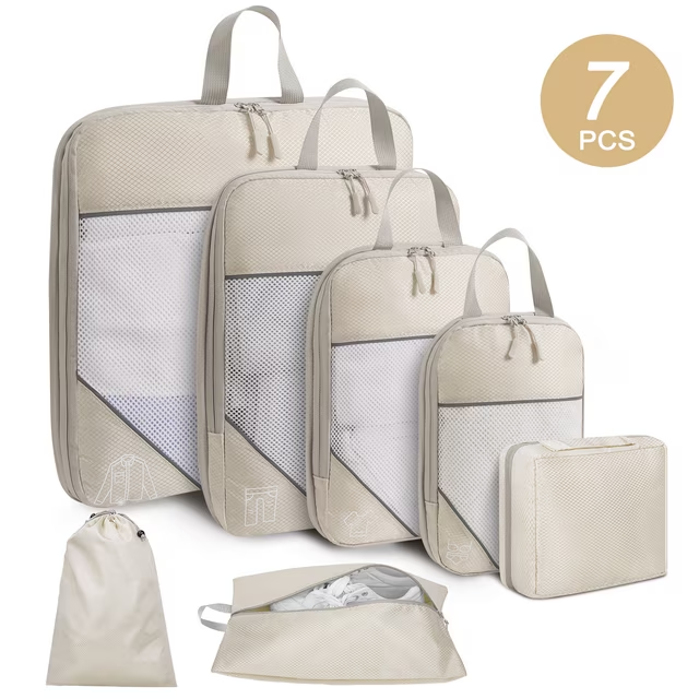 DAK04CPCS0000BE 7 Set Compression Packing Cubes for Travel Essentials, Compressible Expandable Packing Cubes for Suitcase, Travel Bags Luggage Organizers Compression Cubes for Travel Carry on Suitcases, Beige