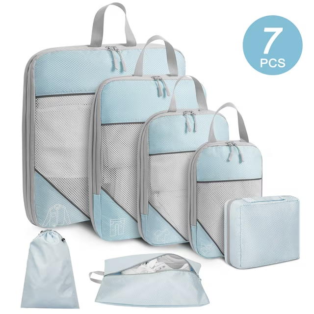 DAK04CPCS0000BU 7 Set Compression Packing Cubes for Travel Essentials, Compressible Expandable Packing Cubes for Suitcase, Travel Bags Luggage Organizers Compression Cubes for Travel Carry on Suitcases, Blue