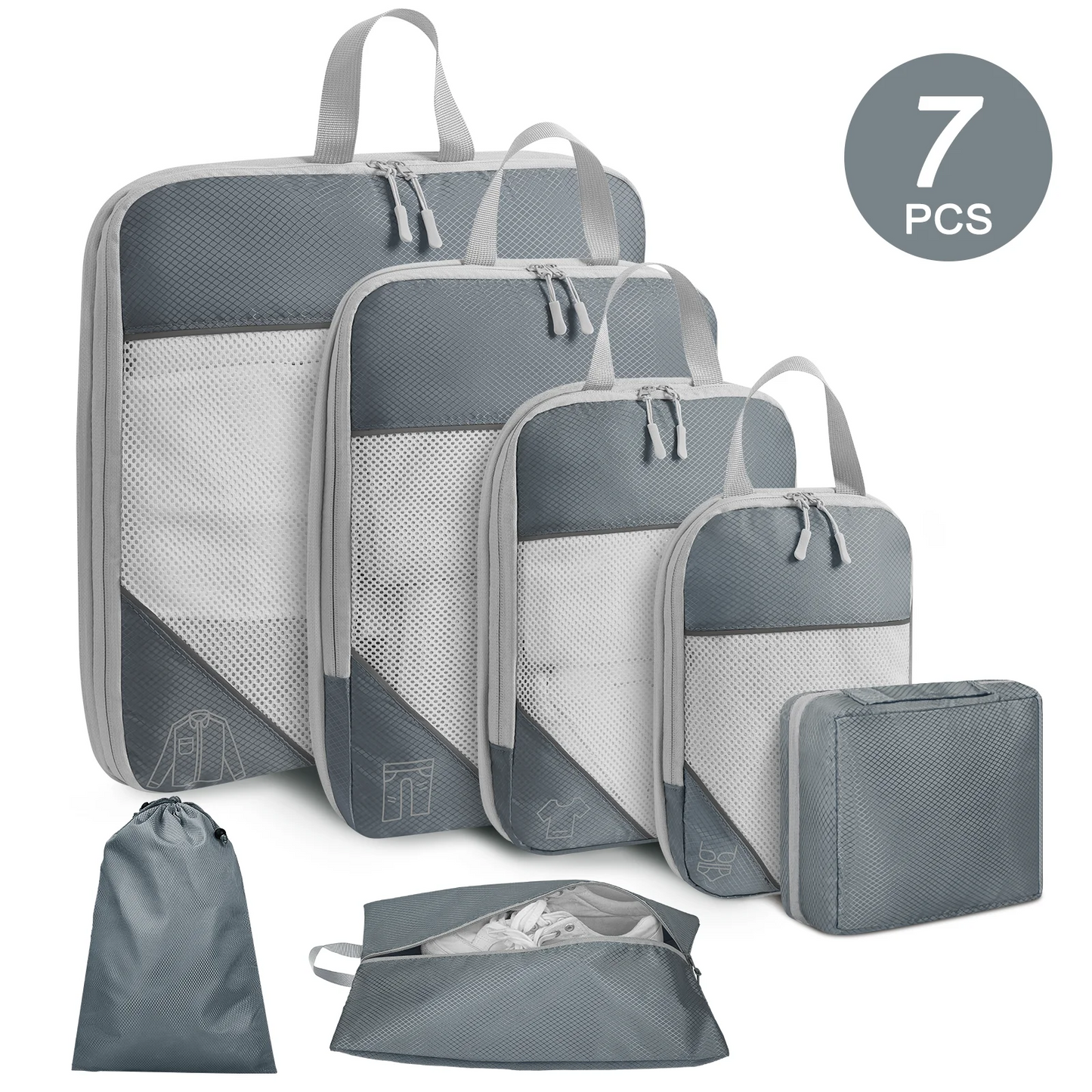 DAK04CPCS0000GY 7 Set Compression Packing Cubes for Travel Essentials, Compressible Expandable Packing Cubes for Suitcase, Travel Bags Luggage Organizers Compression Cubes for Travel Carry on Suitcases, Gray