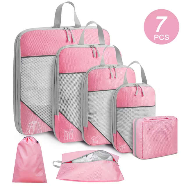 DAK04CPCS0000PK 7 Set Compression Packing Cubes for Travel Essentials, Compressible Expandable Packing Cubes for Suitcase, Travel Bags Luggage Organizers Compression Cubes for Travel Carry on Suitcases, Pink