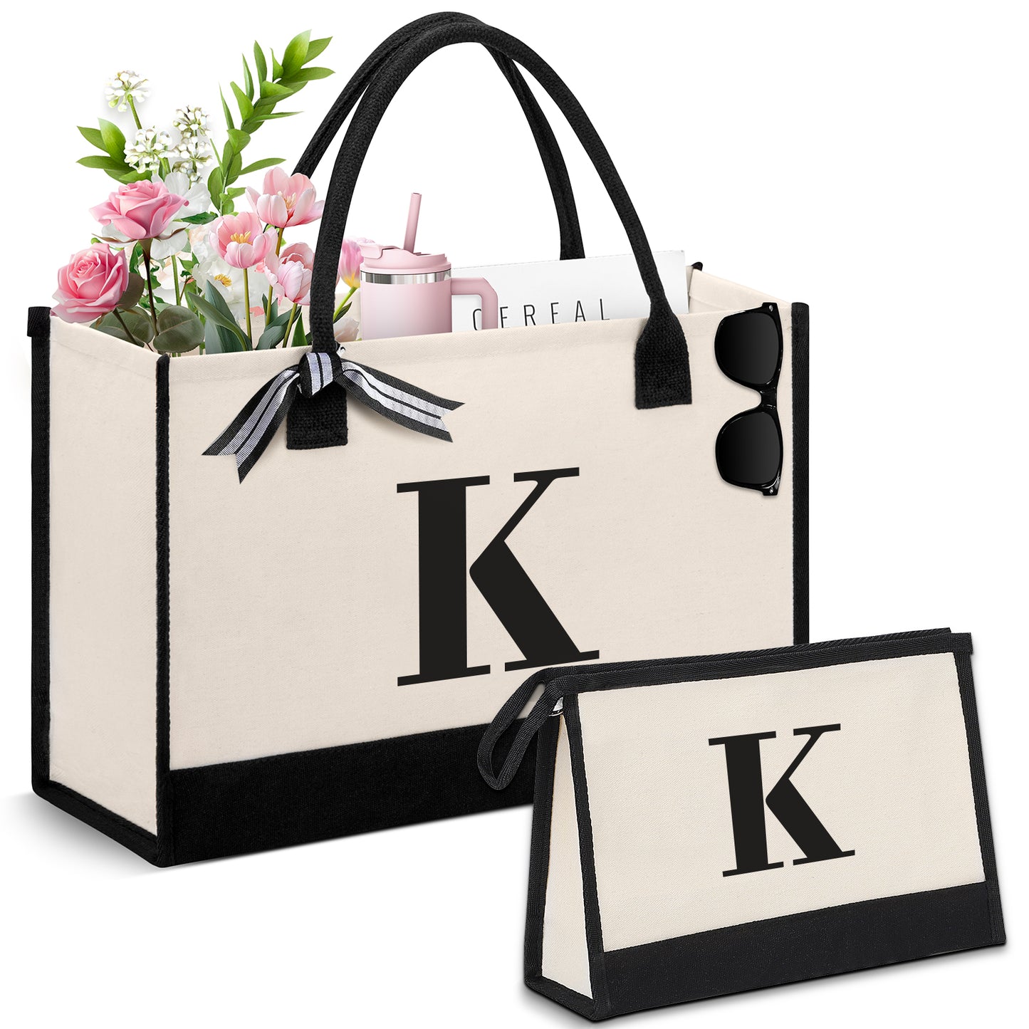 DAK06PITB0ZMKWH Personalized Initial Tote Bag, Large Capacity Canvas Beach Bag w/ Makeup Bag for Women, Valentine's Day Gifts & Birthday Gift Initial Tote Bag w/ Comfortable Handle for Wife Mom Teacher Friend
