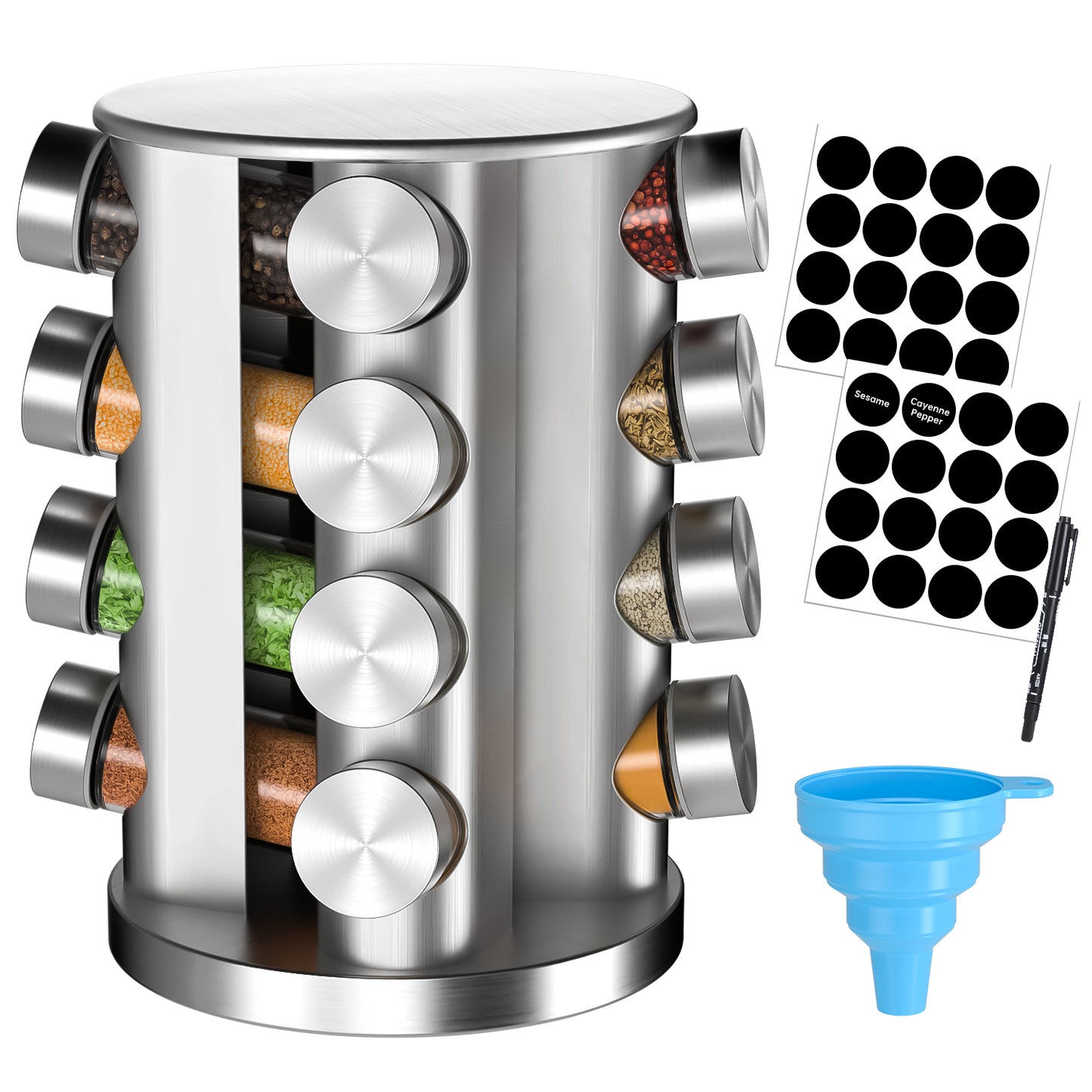 DAK01RSRO0000SR Rotating Spice Rack Organizer with 16 Jars, Revolving Seasoning Spice Rack for Kitchen, Countertop & Cabinet, Stainless Steel Spice Organizer with Reusable Labels, Funnel & Marker