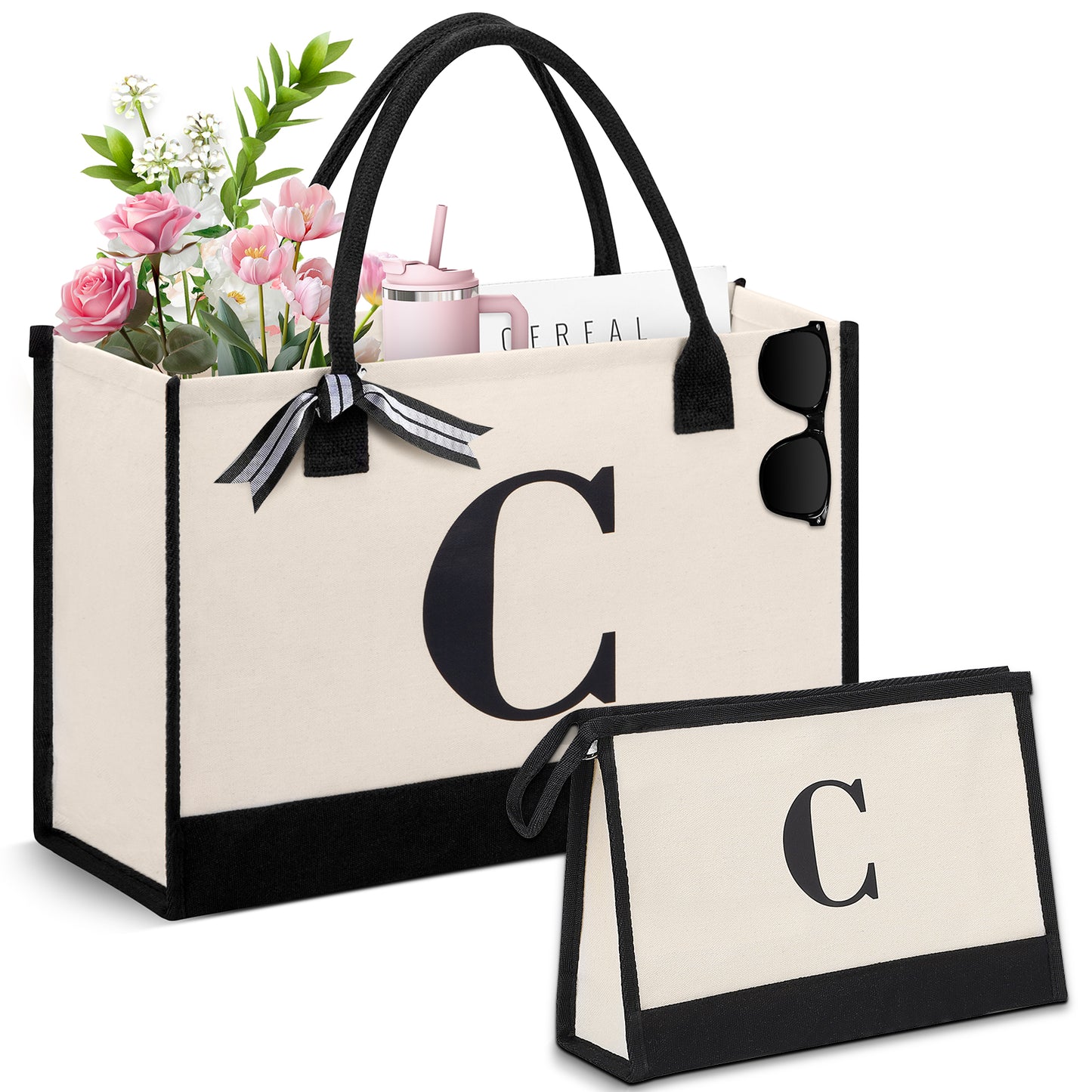 DAK06PITB0ZMCWH Personalized Initial Tote Bag, Large Capacity Canvas Beach Bag w/ Makeup Bag for Women, Valentine's Day Gifts & Birthday Gift Initial Tote Bag w/ Comfortable Handle for Wife Mom Teacher Friend