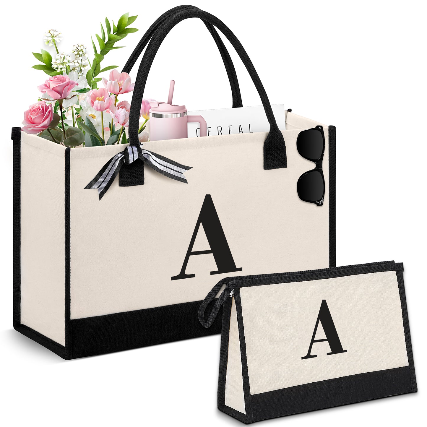 DAK06PITB0ZMAWH Personalized Initial Tote Bag, Large Capacity Canvas Beach Bag w/ Makeup Bag for Women, Valentine's Day Gifts & Birthday Gift Initial Tote Bag w/ Comfortable Handle for Wife Mom Teacher Friend