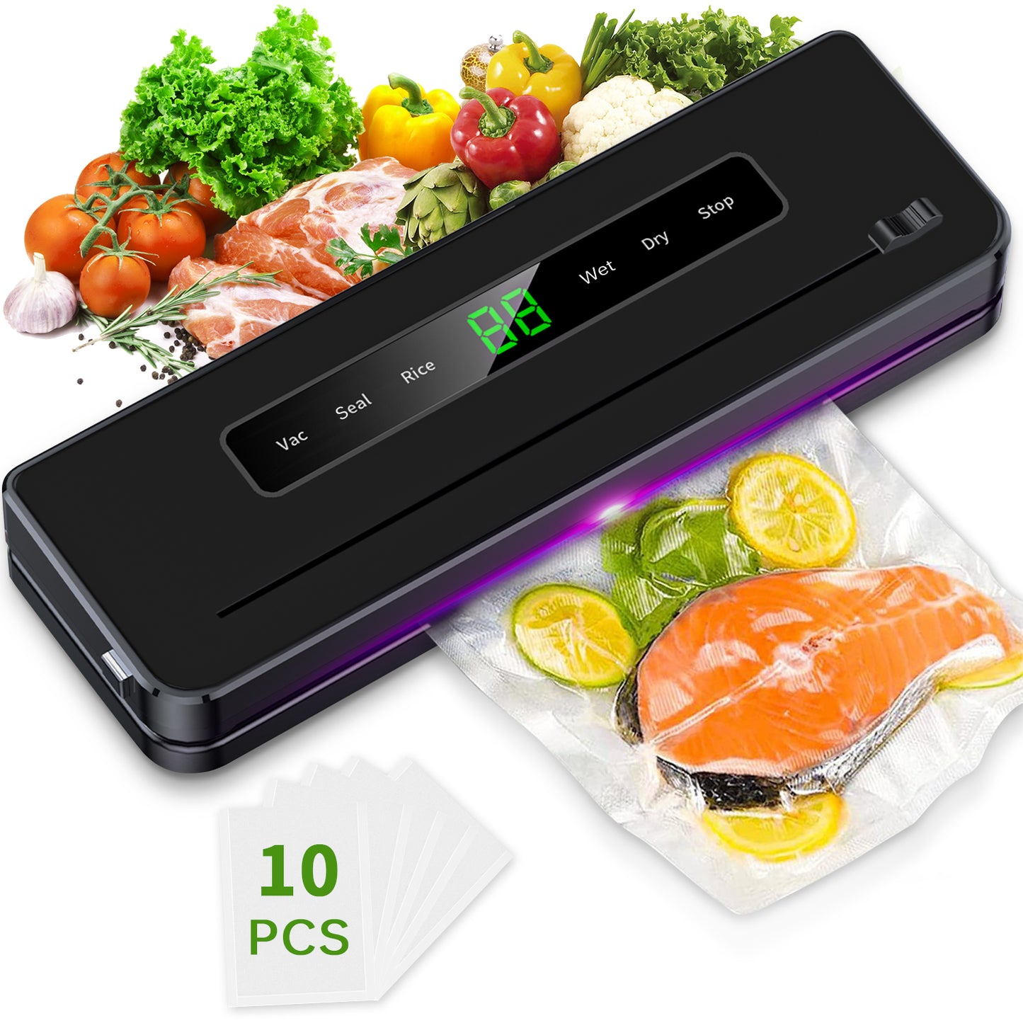 DAK01AVSM5700BK Vacuum Sealer Machine, Automatic Vacuum Sealer for Food with 10 Bags, Built-in Cutter, Dry & Moist Modes, LED Indicator, Easy to Clean, Compact Design for Sous Vide & Food Storage (Black)