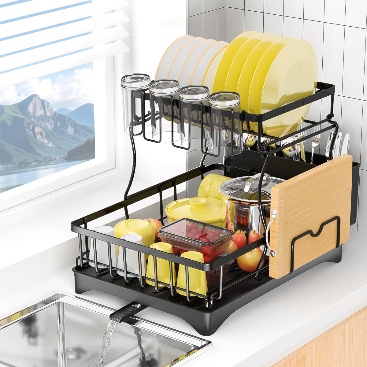 DAK01DDRK0002BK 2-Tier Dish Drying Rack, Dish Racks for Kitchen Counter, Stainless Steel Dish Drainer with Drainboard, Cutlery Holder, Cup Rack and Cutting Board Holder, Space-Saving Kitchen Organizer