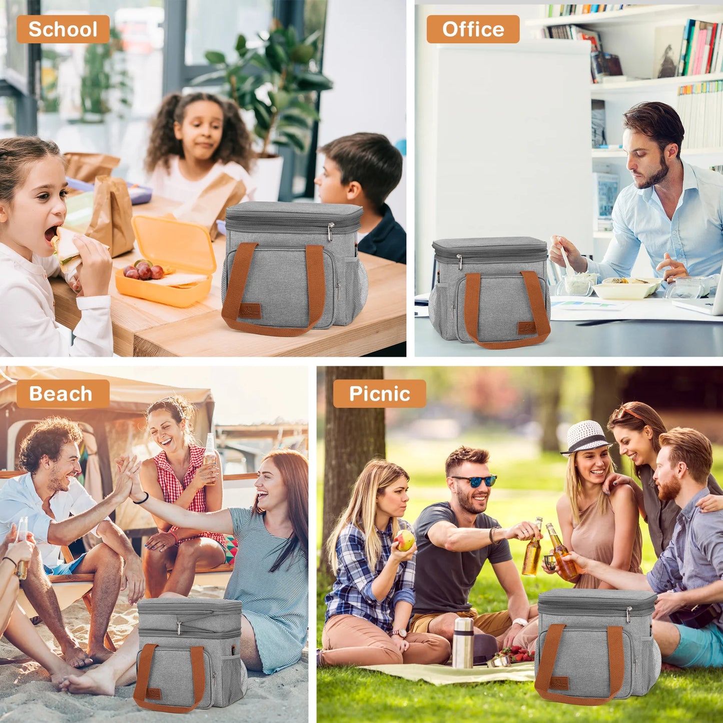 DAK01ILBB0008GY 17L Insulated Lunch Bag for Men/Women, Large Reusable Double Deck Lunch Box, Leakproof Cooler Bag for Work, Picnic & Beach, with Adjustable Shoulder Strap & Side Mesh Pocket(Gray)