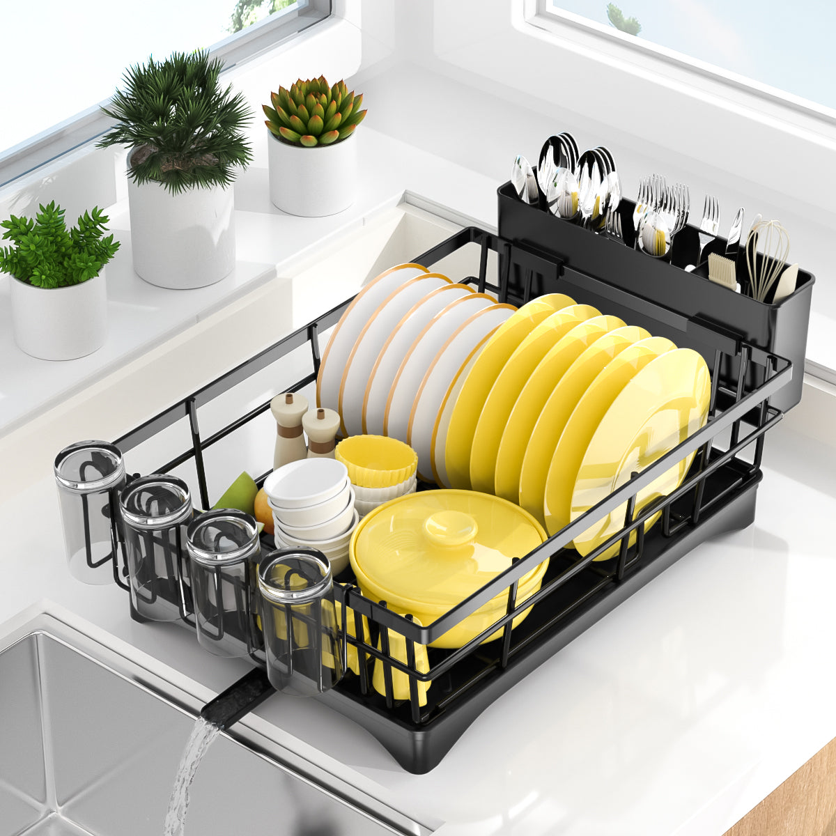 DAK01DDRK0001BK Dish Drying Rack, Dish Racks for Kitchen Counter, Stainless Steel Dish Drainer with Drainboard, Cutlery Holder, Space-Saving Dish Rack for Dishes, Spoons and Forks