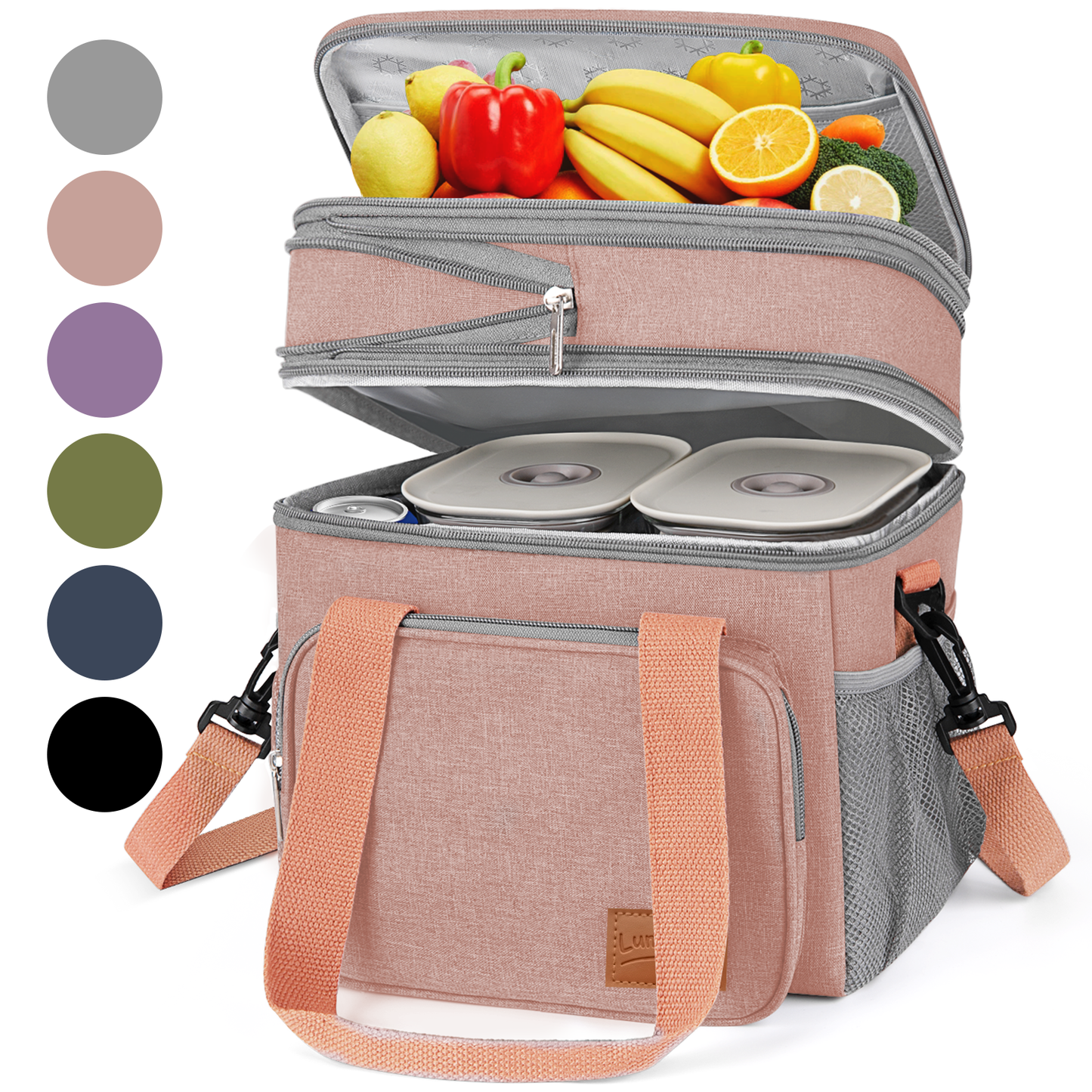 DAK01ILBB0008PK 17L Insulated Lunch Bag for Men/Women, Large Reusable Double Deck Lunch Box, Leakproof Cooler Bag for Work, Picnic & Beach, with Adjustable Shoulder Strap & Side Mesh Pocket(Pink)