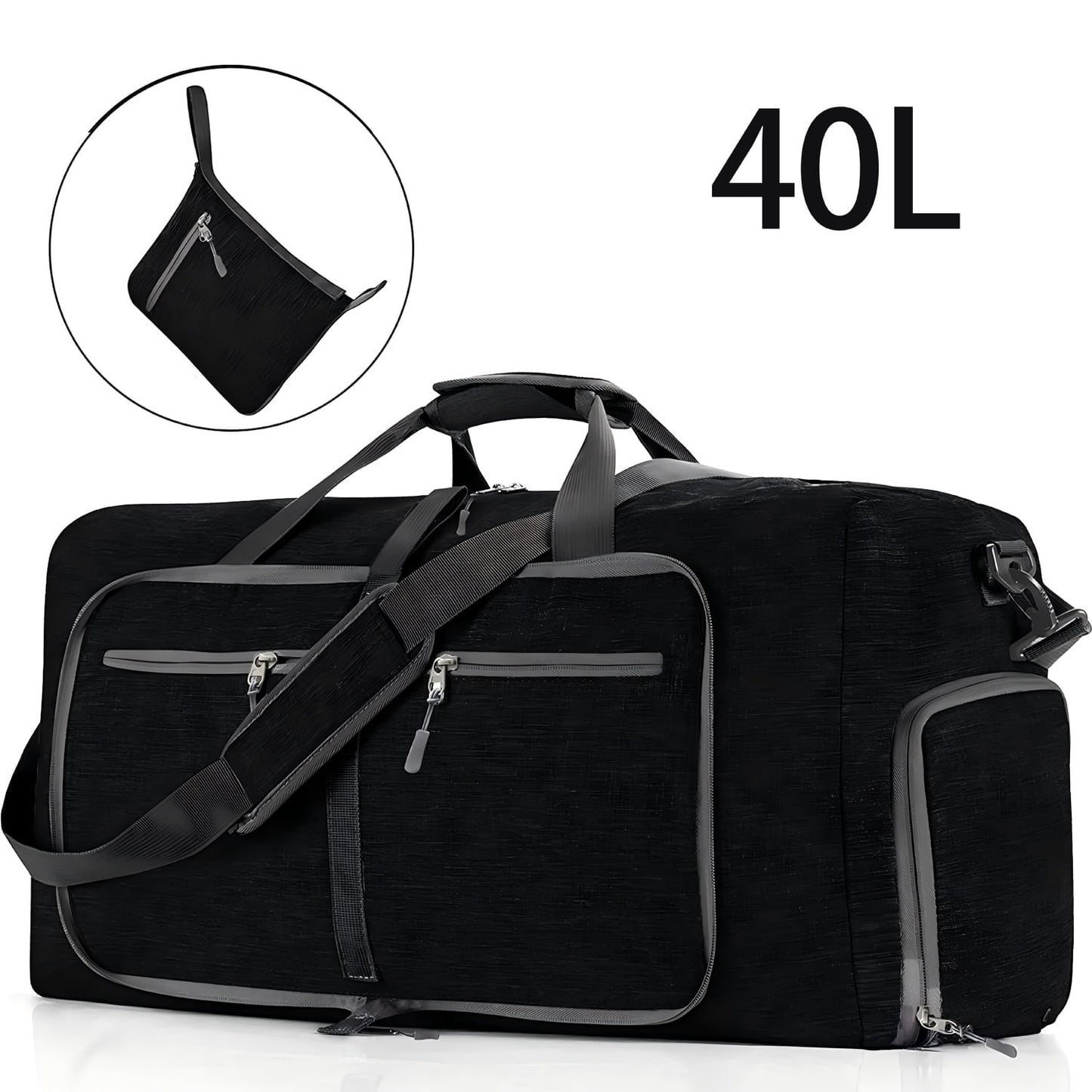 DAK13DBTB0000BK40L 40L Duffle Bag with Shoes Compartment, 20" Foldable Travel Duffel Bags for Men Women, Large Packable Travel Bag Water Repellent & Tear Resistant, Overnight Weekend Bag for Men Black