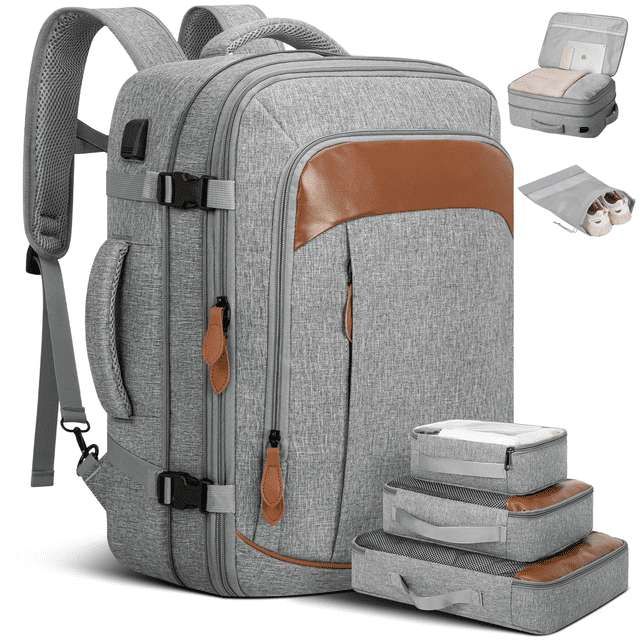 DAK10LCTB0000GY5PCS Carry on Backpack, 45L Expandable Large Travel Backpack with 3 Packing Cubes & Shoe Bag for Women Men Airline Approved, Waterproof Luggage Laptop Backpack for Weekend Trips Business Travel Hiking