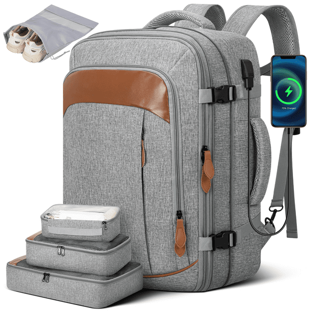 DAK09LCTB0000GY5PCS 45L Large Travel Backpack for Men Women, Expandable Large Suitcase Backpacks with 3 Packing Cubes & Shoe Bag, Carry on Luggage Daypack Laptop Backpack for Weekend Trips, Business Travel, Hiking, Gray