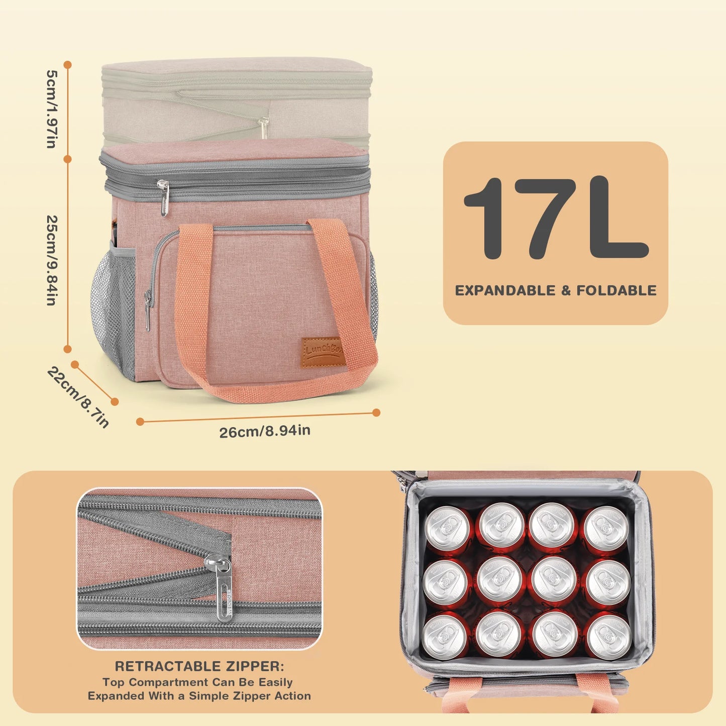 DAK01ILBB0008PK 17L Insulated Lunch Bag for Men/Women, Large Reusable Double Deck Lunch Box, Leakproof Cooler Bag for Work, Picnic & Beach, with Adjustable Shoulder Strap & Side Mesh Pocket(Pink)