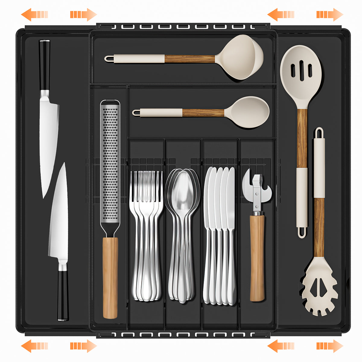 DAK01SWDO000LBK Expandable Silverware Drawer Organizer, Adjustable Acrylic Utensil Tray for Kitchen Storage, Cutlery Drawer Organizer with 9 Compartments, Large, Black