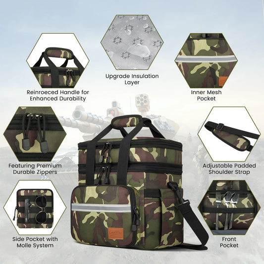 24L Insulated Lunch Bag, Expandable Double Deck Lunch Box for Men & Women, Leakproof Cooler Tote for Work, Picnic & Beach, with Adjustable Shoulder Strap & Side Pocket(Green Camo)