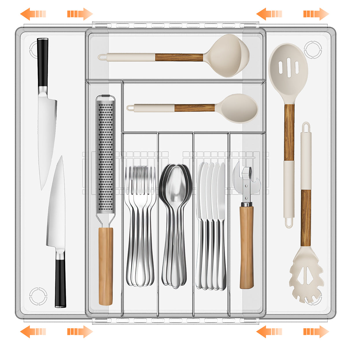 DAK01SWDO000LCR Expandable Silverware Drawer Organizer, Adjustable Acrylic Utensil Tray for Kitchen Storage, Cutlery Drawer Organizer with 9 Compartments, Large, Clear