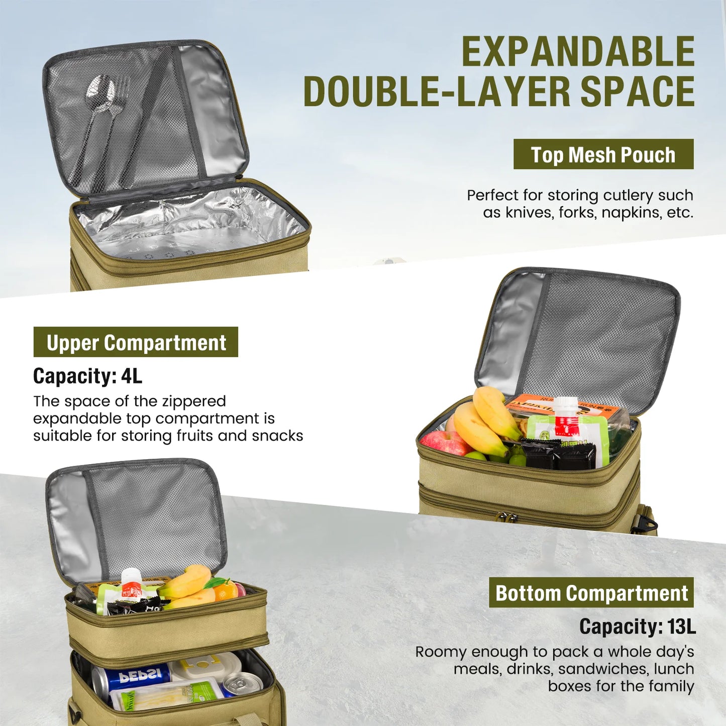 24L Insulated Lunch Bag, Expandable Double Deck Lunch Box for Men & Women, Leakproof Cooler Tote for Work, Picnic & Beach, with Adjustable Shoulder Strap & Side Pocket(Yellow)