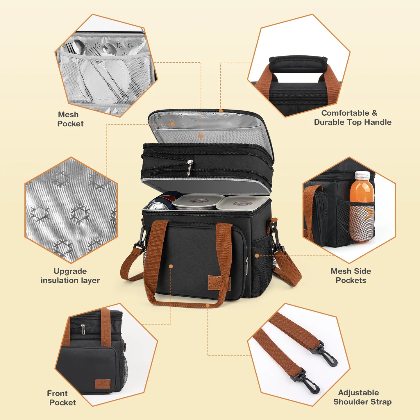 DAK01ILBB0008BK 17L Insulated Lunch Bag for Men/Women, Large Reusable Double Deck Lunch Box, Leakproof Cooler Bag for Work, Picnic & Beach, with Adjustable Shoulder Strap & Side Mesh Pocket(Black)
