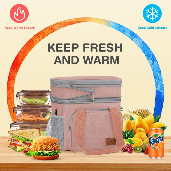 DAK01ILBB0008PK 17L Insulated Lunch Bag for Men/Women, Large Reusable Double Deck Lunch Box, Leakproof Cooler Bag for Work, Picnic & Beach, with Adjustable Shoulder Strap & Side Mesh Pocket(Pink)