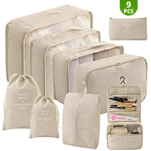 DAK08TBPC0000BE9PCS Packing Cubes 9 Sets for Travel Luggage, Luggage Organizer Set with Hanging Toiletry Bag & Shoe Bag, Breathable Mesh Vacation Essentials for Suitcase, Travel Storage Bags for Men Women
