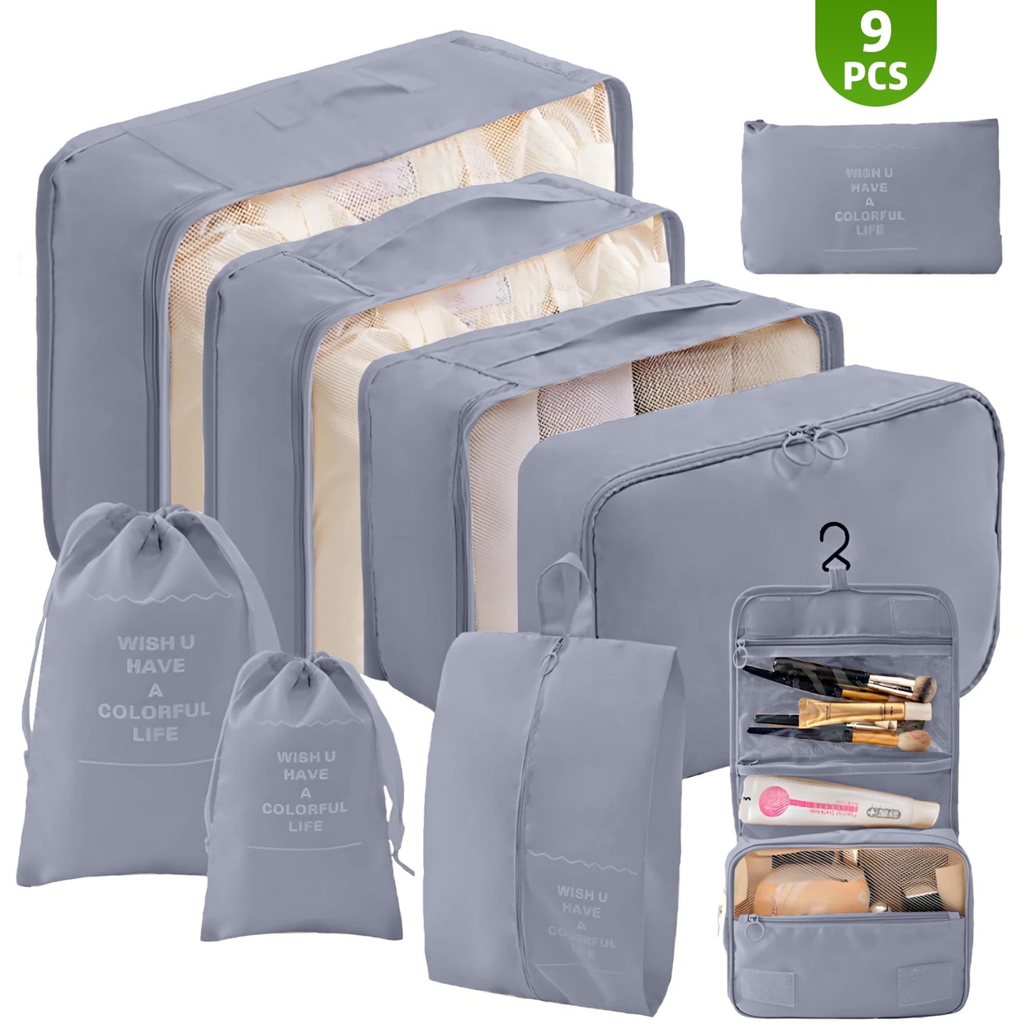 DAK08TBPC0000GY9PCS Packing Cubes 9 Sets for Travel Luggage, Luggage Organizer Set with Hanging Toiletry Bag & Shoe Bag, Breathable Mesh Vacation Essentials for Suitcase, Travel Storage Bags for Men Women Gray