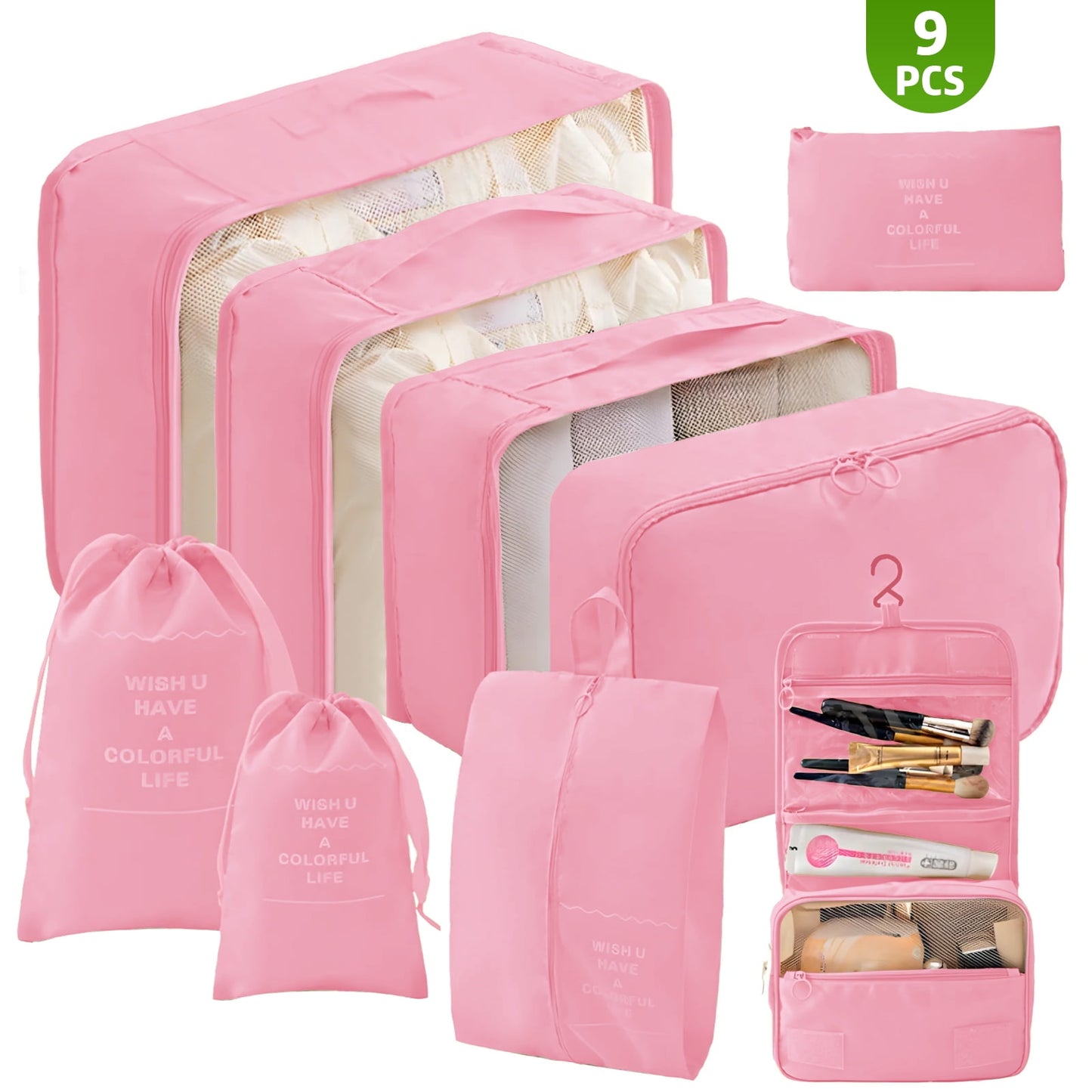 DAK08TBPC0000PK9PCS Packing Cubes 9 Sets for Travel Luggage, Luggage Organizer Set with Hanging Toiletry Bag & Shoe Bag, Breathable Mesh Vacation Essentials for Suitcase, Travel Storage Bags for Men Women Pink