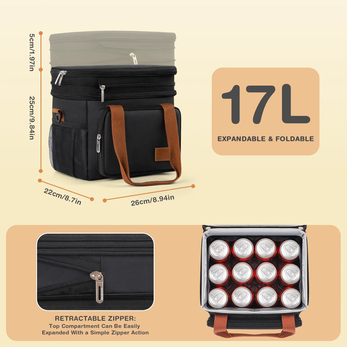 DAK01ILBB0008BK 17L Insulated Lunch Bag for Men/Women, Large Reusable Double Deck Lunch Box, Leakproof Cooler Bag for Work, Picnic & Beach, with Adjustable Shoulder Strap & Side Mesh Pocket(Black)