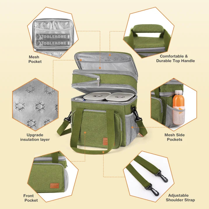 DAK01ILBB0008GN 17L Insulated Lunch Bag for Men/Women, Large Reusable Double Deck Lunch Box, Leakproof Cooler Bag for Work, Picnic & Beach, with Adjustable Shoulder Strap & Side Mesh Pocket(Green)