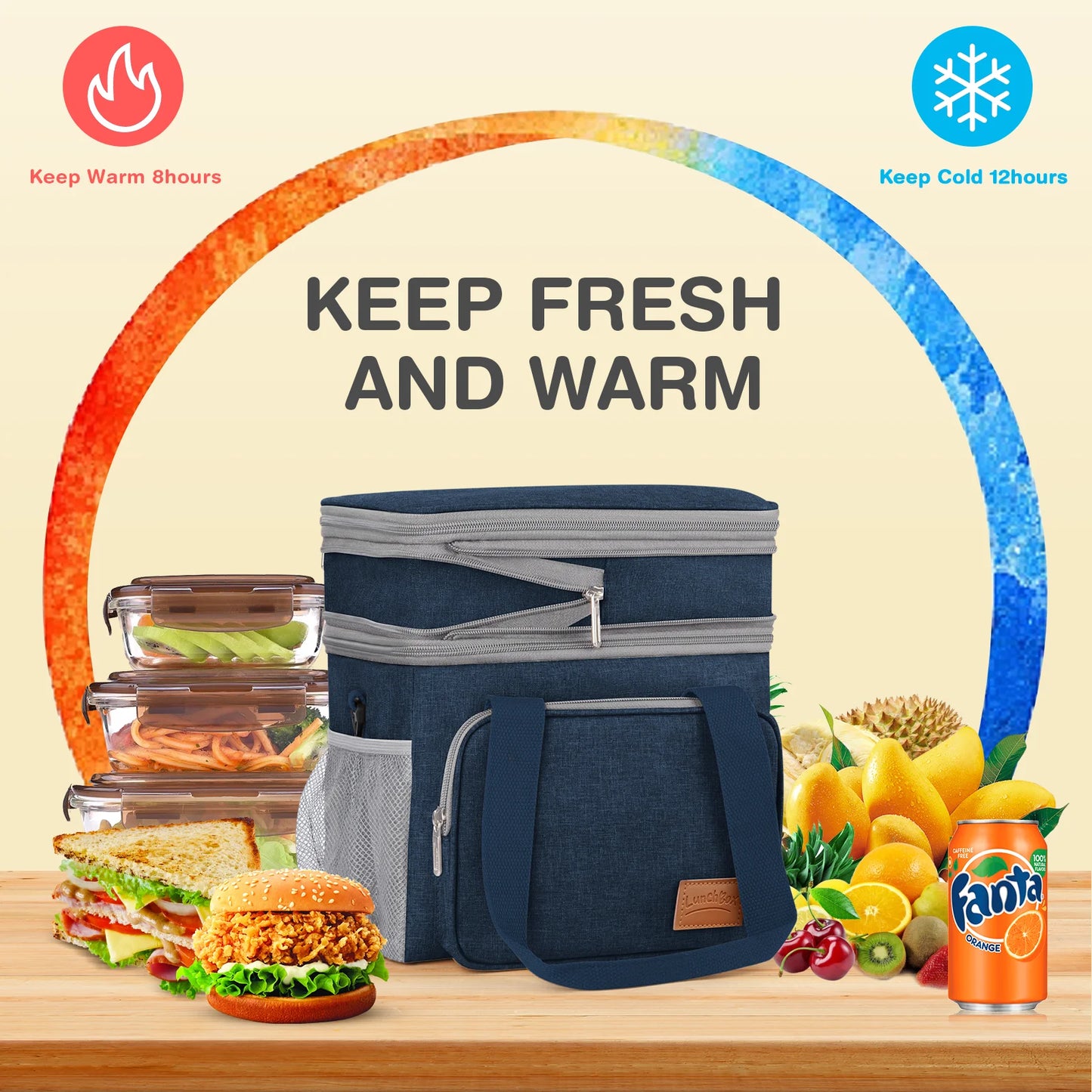 DAK01ILBB0008BU 17L Insulated Lunch Bag for Men/Women, Large Reusable Double Deck Lunch Box, Leakproof Cooler Bag for Work, Picnic & Beach, with Adjustable Shoulder Strap & Side Mesh Pocket(Blue)