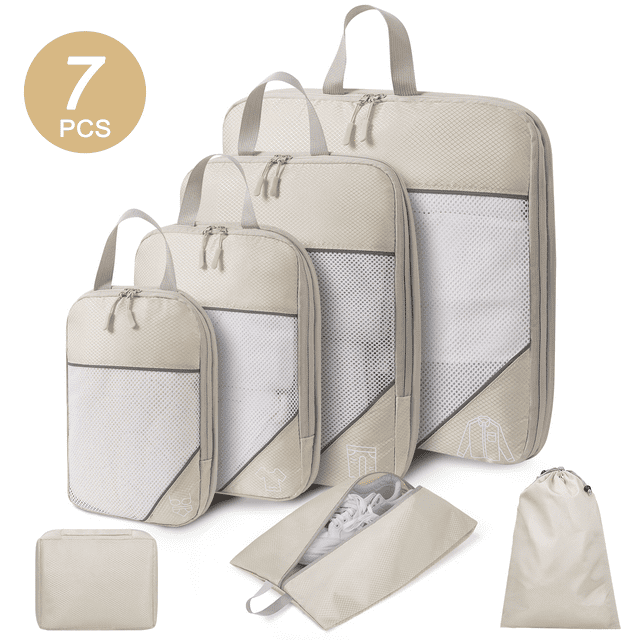 DAK03CPCS0000BE Compression Packing Cubes for Travel Essentials, 7 Set Travel Accessories Expandable Packing Organizers, Luggage Organizer for Travel Carry on Suitcases, Handy Helper for Organizing Clothes, Beige