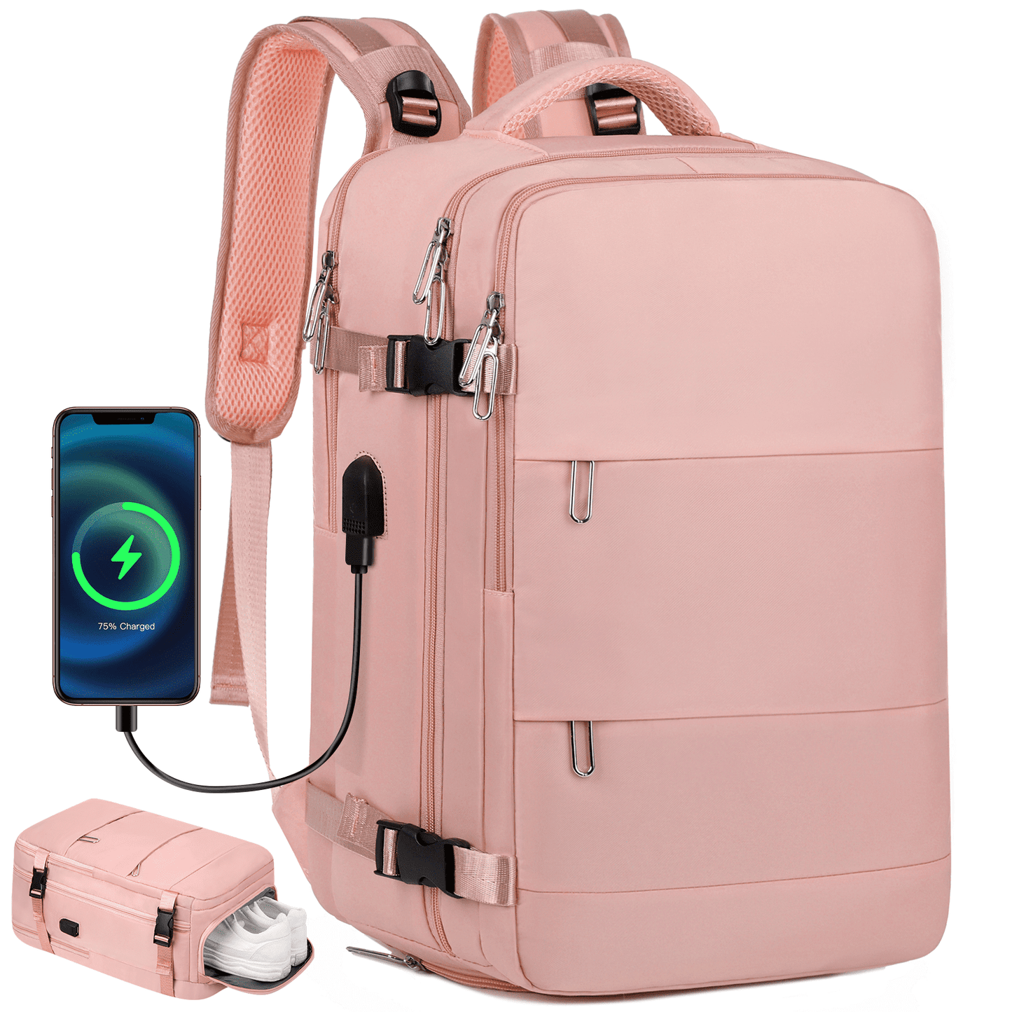 DAK09TRBP0000PK Travel Backpack for Women Men, Carry On Backpack with USB Charging Port & Shoe Pouch, TSA 17.7 inch Laptop Backpack Flight Approved, Nurse Bag Casual Daypack for Weekender Business Hiking, Pink