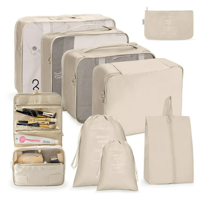 DAK07TBPC0000BE9PCS Packing Cubes 9 Sets for Travel Luggage, Luggage Organizer Set with Hanging Toiletry Bag & Shoe Bag, Breathable Mesh Vacation Essentials for Suitcase, Travel Storage Bags for Men Women, Beige