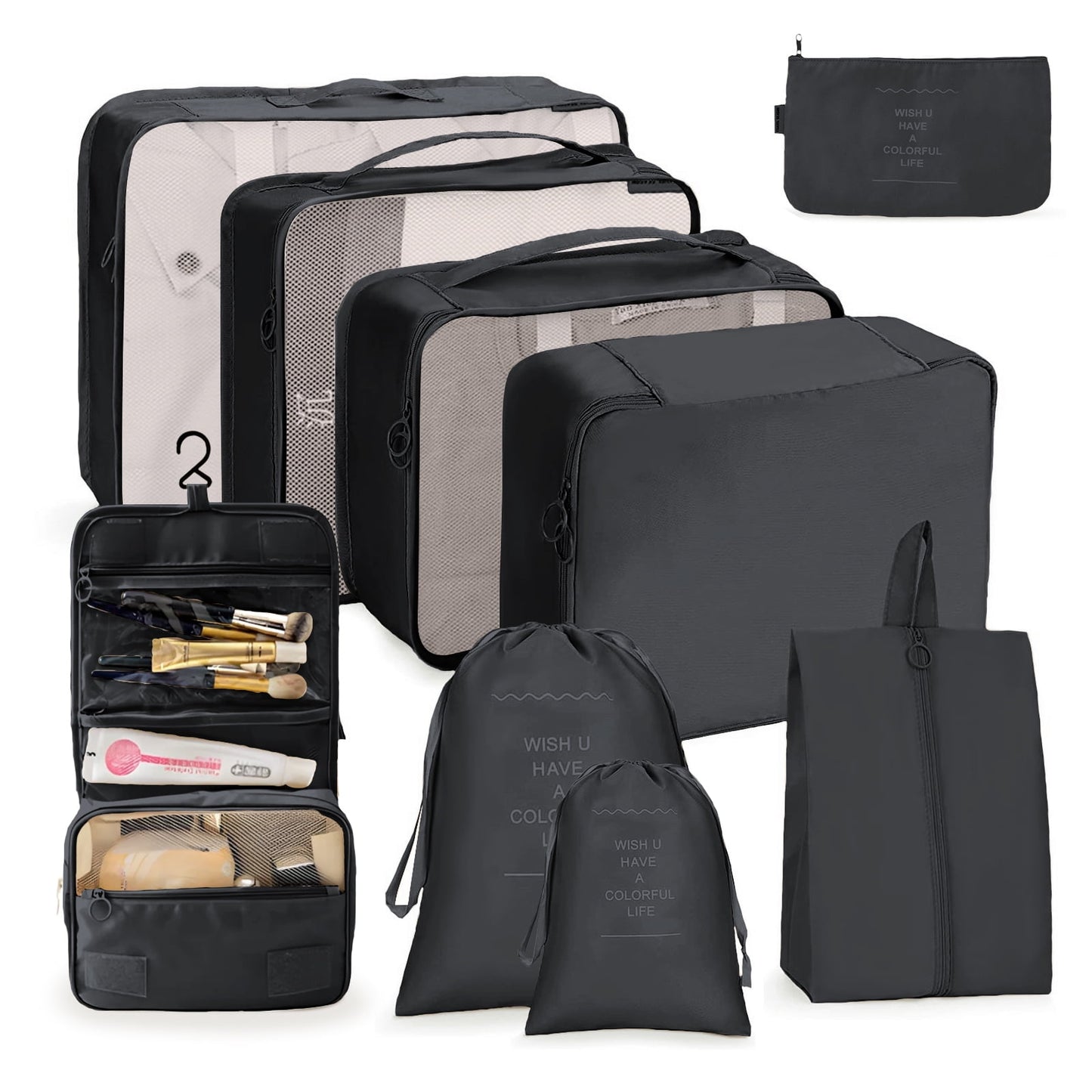 DAK07TBPC0000BK9PCS Packing Cubes 9 Sets for Travel Luggage, Luggage Organizer Set with Hanging Toiletry Bag & Shoe Bag, Breathable Mesh Vacation Essentials for Suitcase, Travel Storage Bags for Men Women, Black