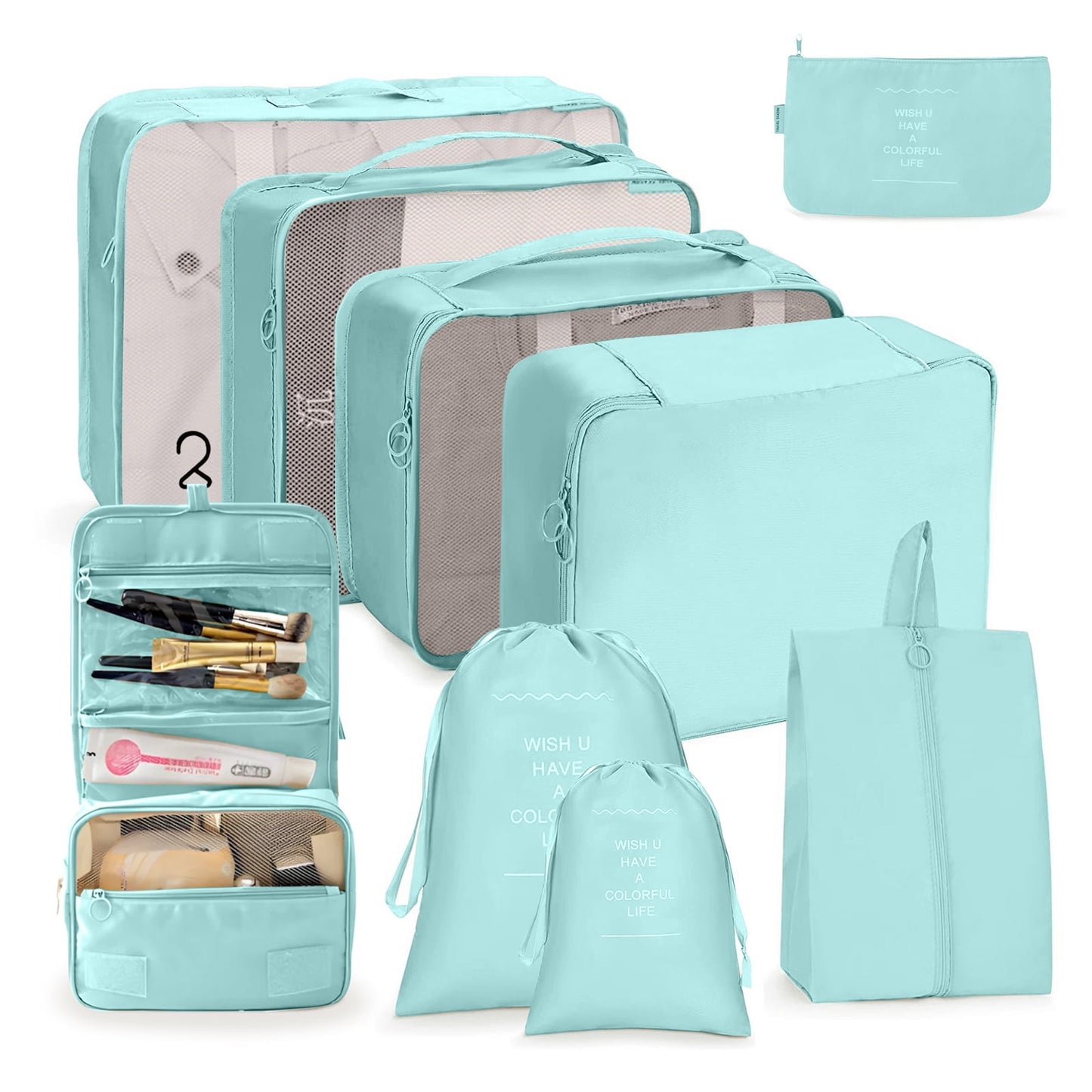 DAK07TBPC0000BU9PCS Packing Cubes 9 Sets for Travel Luggage, Luggage Organizer Set with Hanging Toiletry Bag & Shoe Bag, Breathable Mesh Vacation Essentials for Suitcase, Travel Storage Bags for Men Women, Blue