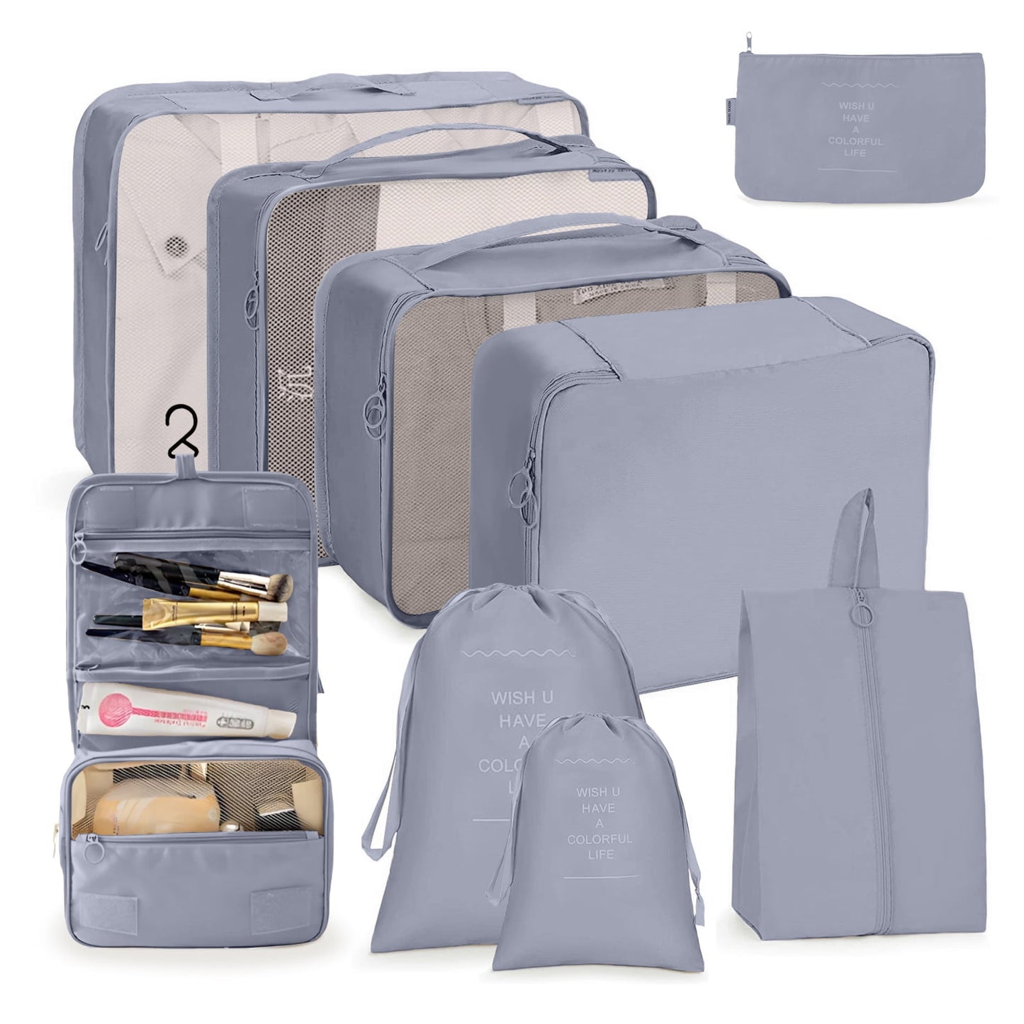 DAK07TBPC0000GY9PCS Packing Cubes 9 Sets for Travel Luggage, Luggage Organizer Set with Hanging Toiletry Bag & Shoe Bag, Breathable Mesh Vacation Essentials for Suitcase, Travel Storage Bags for Men Women, Gray