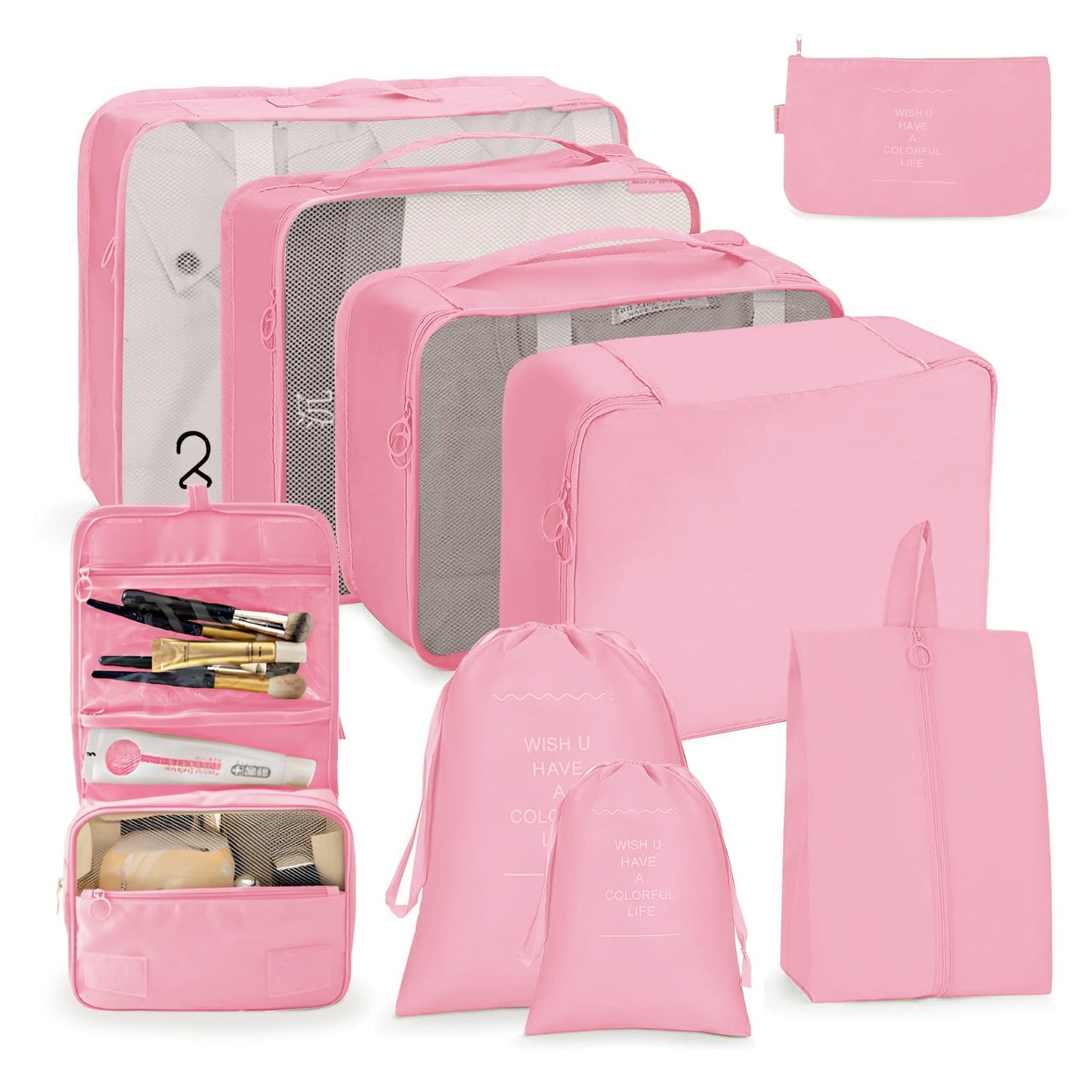 DAK07TBPC0000PK9PCS Packing Cubes 9 Sets for Travel Luggage, Luggage Organizer Set with Hanging Toiletry Bag & Shoe Bag, Breathable Mesh Vacation Essentials for Suitcase, Travel Storage Bags for Men Women, Pink