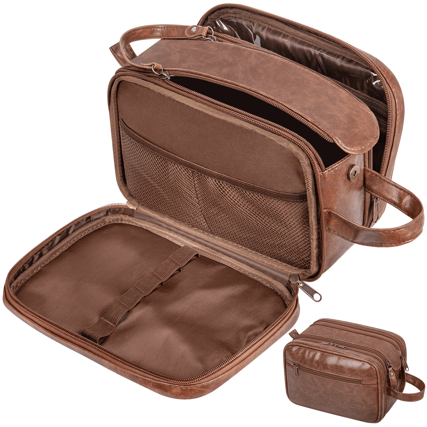 DAK05TBFM00PUBN Large Travel Toiletry Bag for Men and Women, PU Leather Water Resistant Shaving Bag for Toiletries Accessories, Hanging Storage Bag Dopp Kit Travel Bag for Cosmetics Toiletries Brushes Tools, Brown