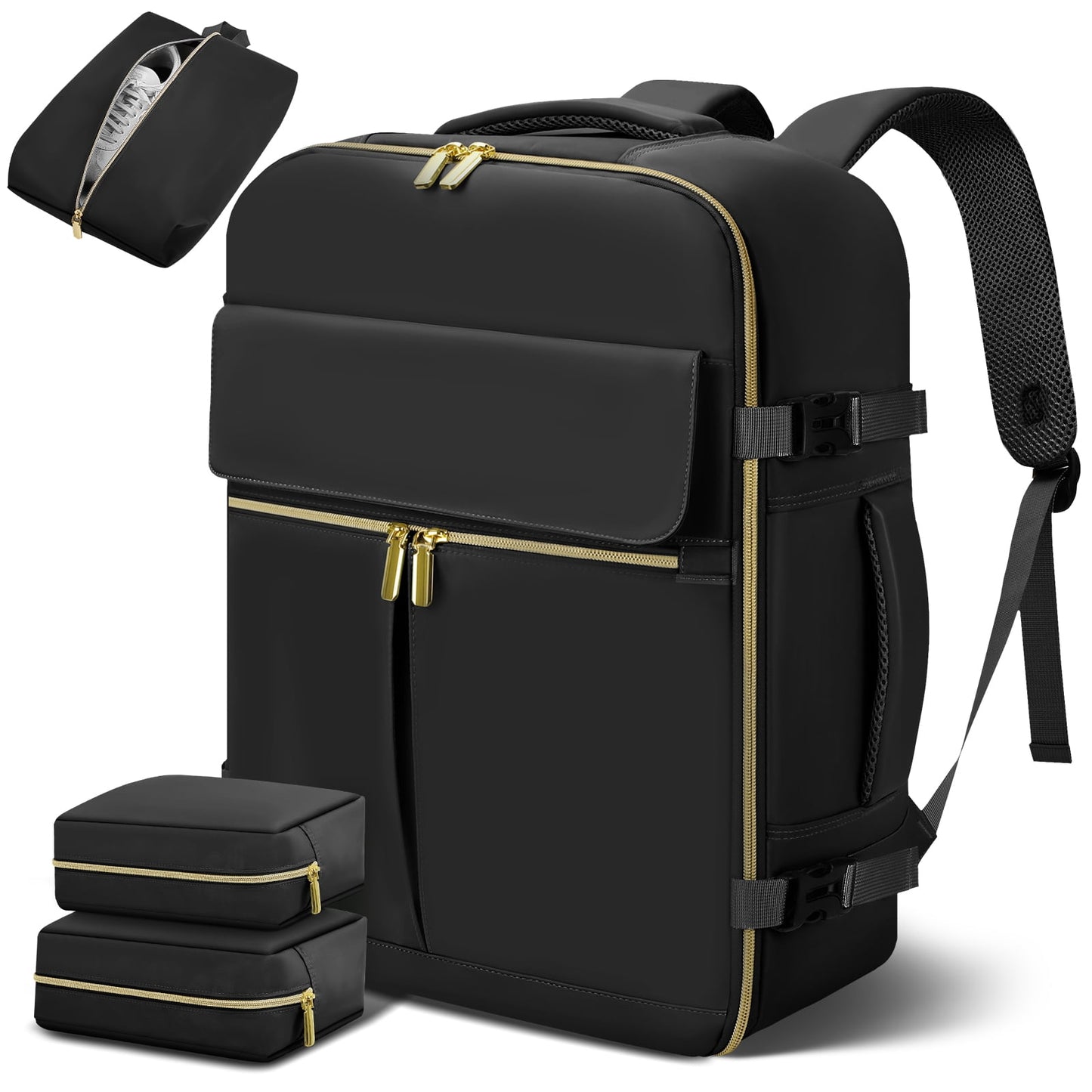 DAK10TLBP0000BK3pcs 18.9" Large Travel Backpack for Women Men as Personal Item Flight Approved, 40L Luggage Carry On Backpack, Daypack Business Laptop Backpack Waterproof Outdoor Sports with 3 Packing Cubes, Black