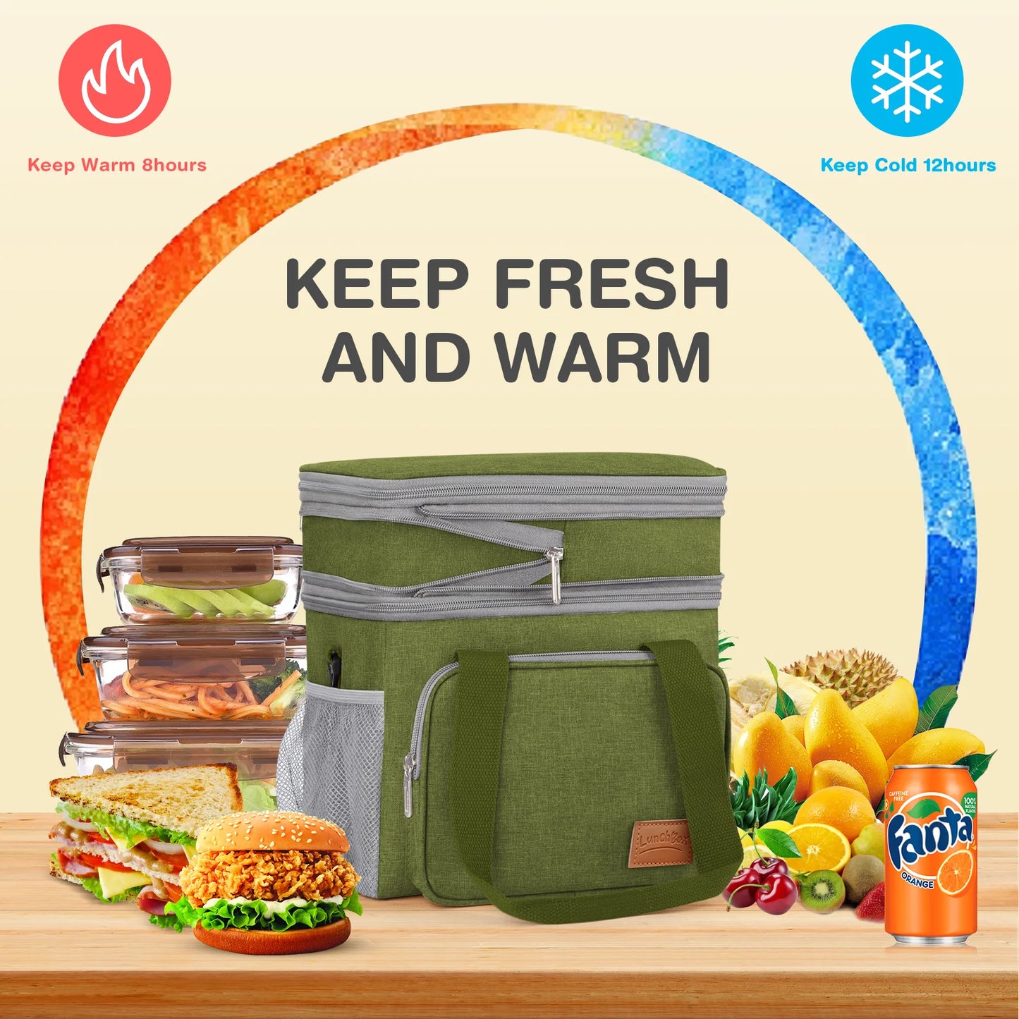 DAK01ILBB0008GN 17L Insulated Lunch Bag for Men/Women, Large Reusable Double Deck Lunch Box, Leakproof Cooler Bag for Work, Picnic & Beach, with Adjustable Shoulder Strap & Side Mesh Pocket(Green)