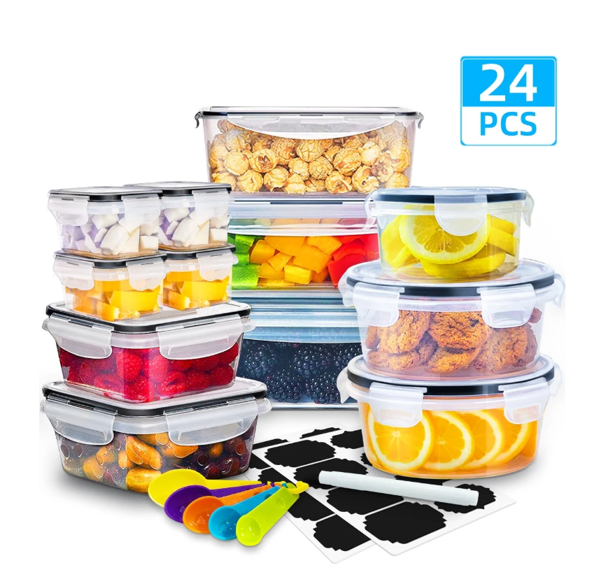 DAK01FSCS0024CR 24 PCS Food Storage Containers with Airtight Lids, BPA-Free Plastic Meal Prep & Lunch Containers for Kitchen Organization, Pantry Storage, Includes Free Labels & Marker (12 Containers + 12 Lids)