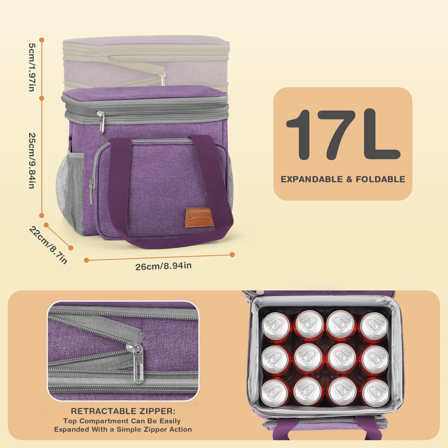 DAK01ILBB0008PU 17L Insulated Lunch Bag for Men/Women, Large Reusable Double Deck Lunch Box, Leakproof Cooler Bag for Work, Picnic & Beach, with Adjustable Shoulder Strap & Side Mesh Pocket(Purple)