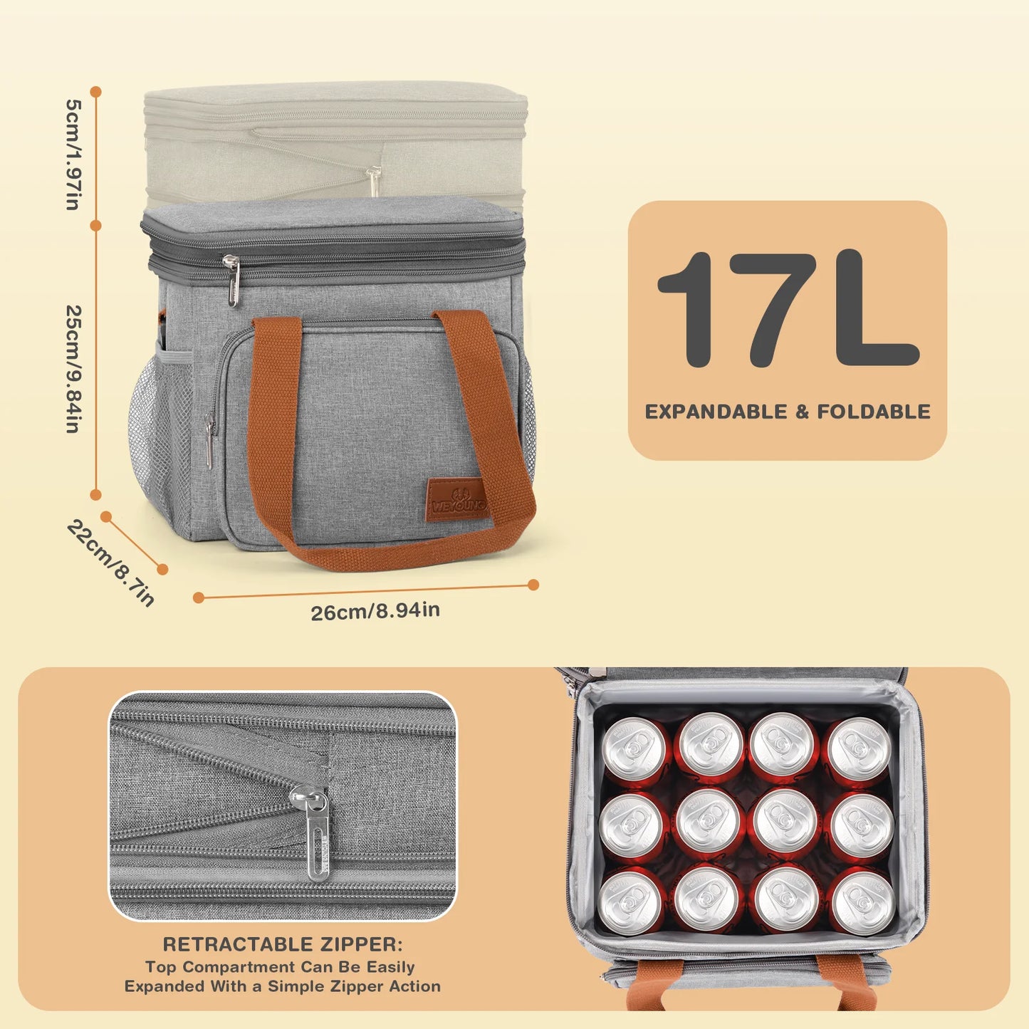 DAK01ILBB0008GY 17L Insulated Lunch Bag for Men/Women, Large Reusable Double Deck Lunch Box, Leakproof Cooler Bag for Work, Picnic & Beach, with Adjustable Shoulder Strap & Side Mesh Pocket(Gray)
